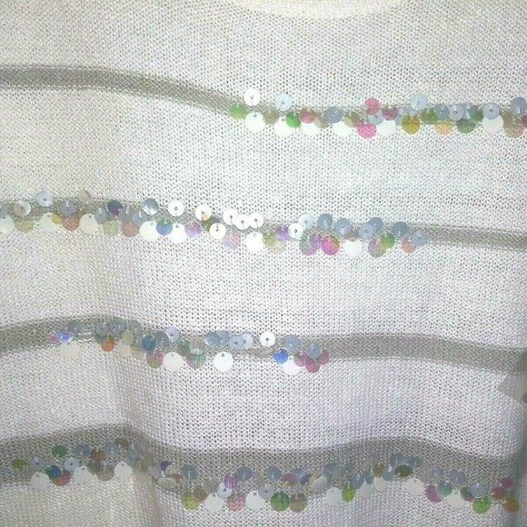 NWT COLDWATER CREEK sweater top silver sequins gray stripes LINEN BLEND - Picture 3 of 8